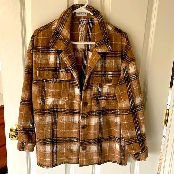 Paper Crane Wool-Blend Button Down Khaki Plaid Shacket - Picture 1 of 8